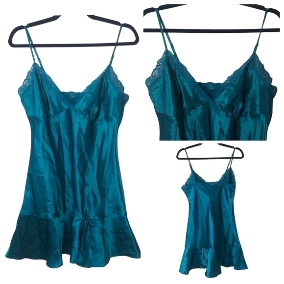 Vintage Other - Vintage Teal Lace Satin Slip Dress